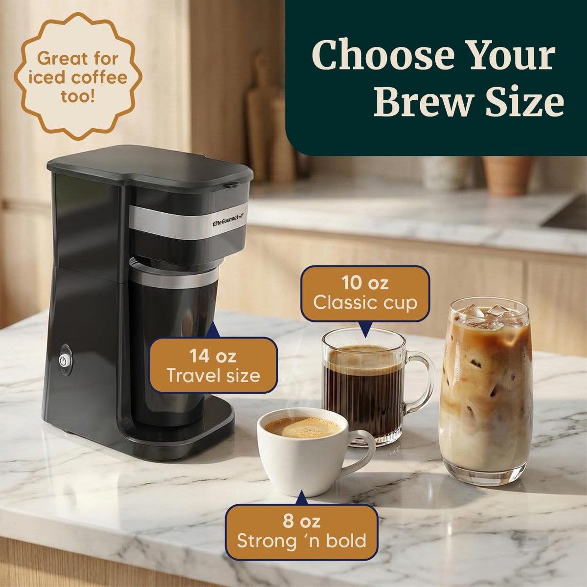 Elite Gourmet EHC113 Personal Single-Serve Compact Coffee Maker, Black