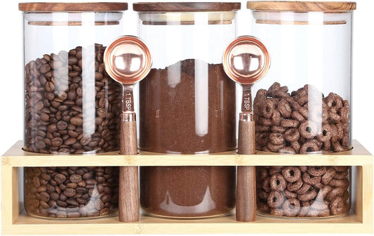 KKC HOME ACCENTS Sealed Glass Food Storage Containers with Airtight Wood Lids and Scoops for Kitchen Counter,Air Tight