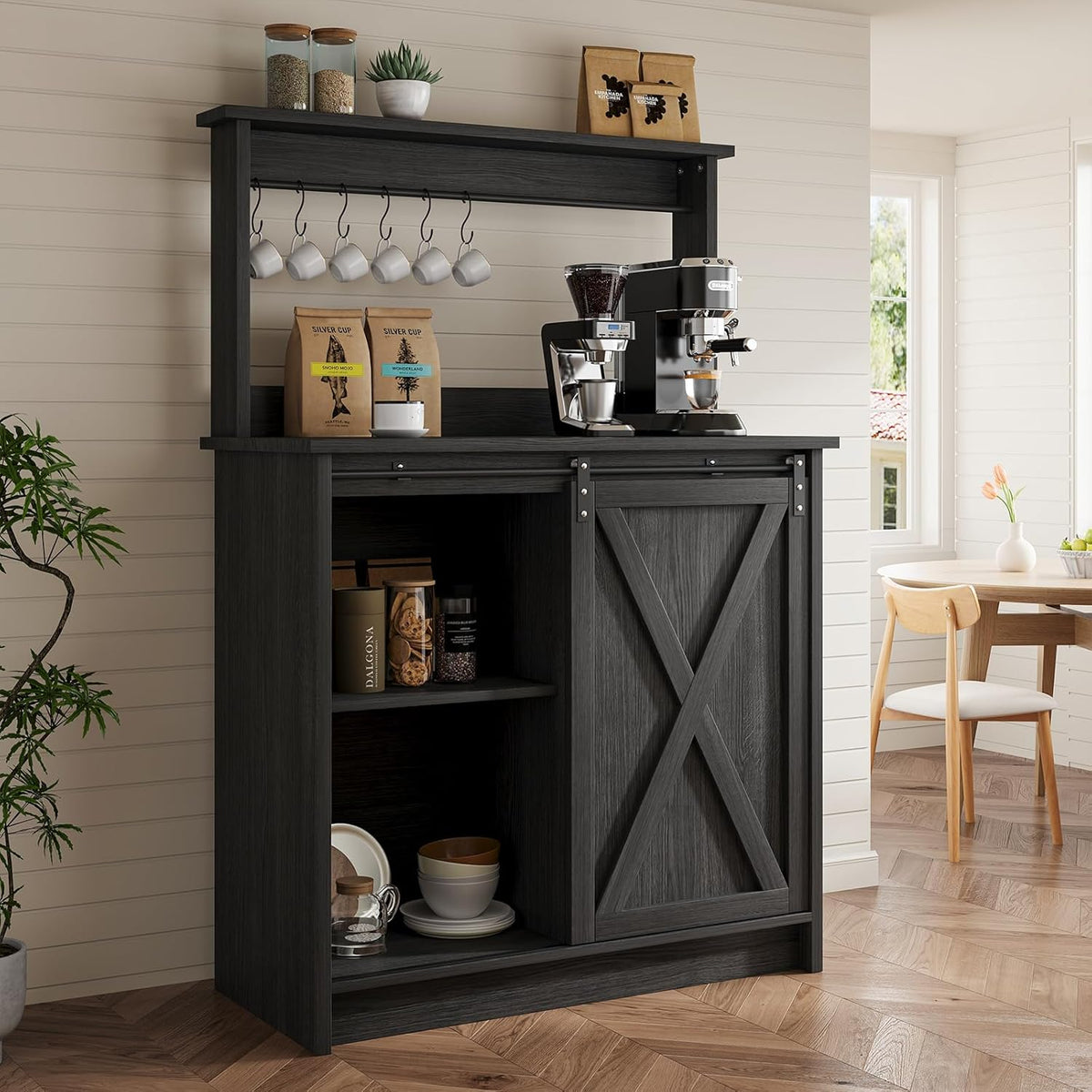 4ever2buy 31" Farmhouse Coffee Bar Cabinet with Storage Hutch, Grey