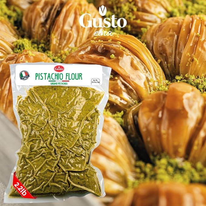 GUSTO ETNA Pistachio Flour, Sicilian Fine Chopped Pistachio Flour, Ground Pistachios, Pistachio Powder, Gluten Free Flour, Non Gmo, Vegan, Product of Bronte, Sicily, From Italy, 2.2 Lb (1 kg)