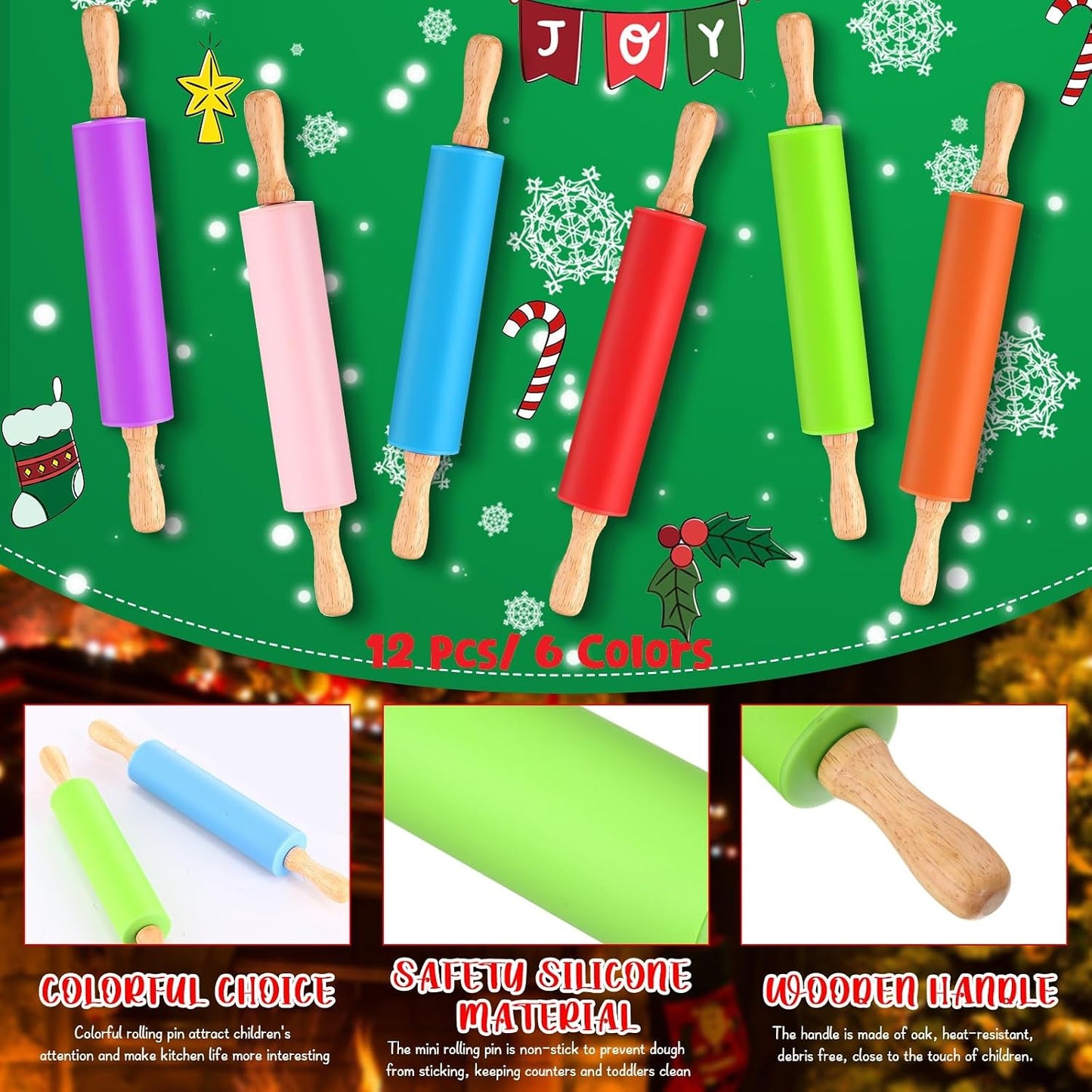 12 Pcs Small Rolling Pin Kids 12 Inch, Mini Silicone Rolling Pin | Non Stick, Kids Dough Roller with Wooden Handle for Baking, Kitchen, Cookie Pastry, Fondant Cake, 6 Colors