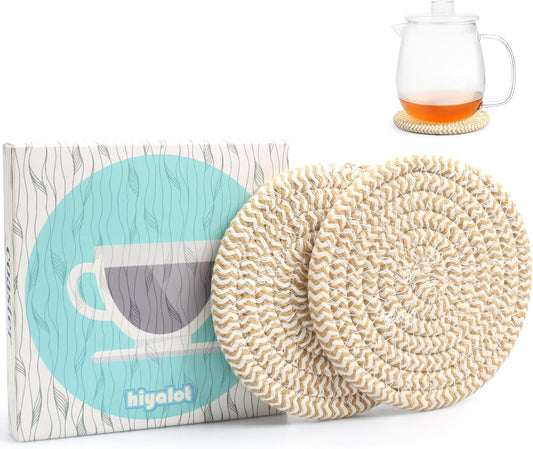 4.8" Drink Cotton Coasters Set of 2 – Boho Woven Drink Pads for Coffee & Tea, Neutral Sandstone Blend Fabric Cup Mats for
