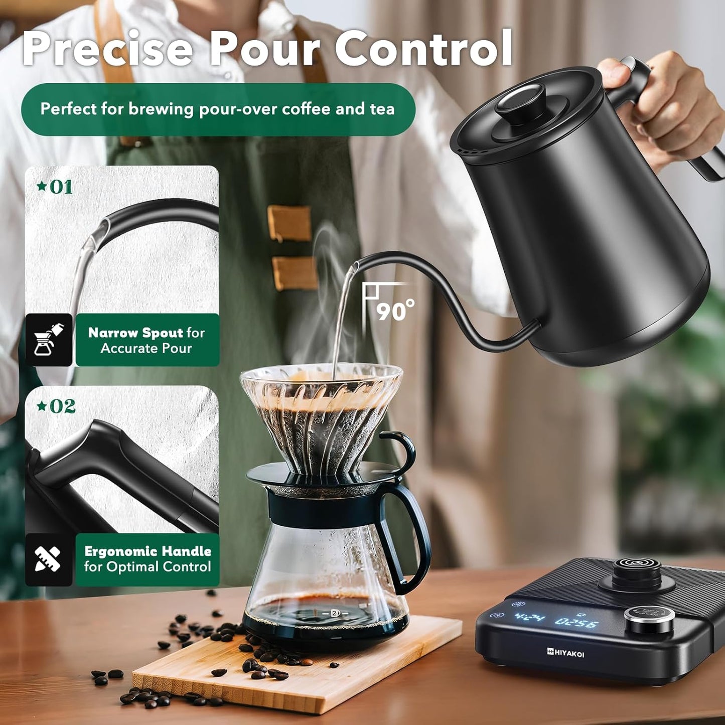 Gooseneck Electric Kettle HIYAKOI with ±1℉ Temperature Control, Pour Over Kettle for Coffee &amp; Tea, 1200W Rapid Heating, Stainless Steel Water Boiler with 12H Keep Warm &amp; Built-in Timer, 0.8L/27oz
