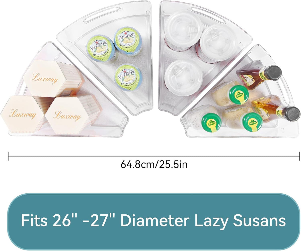 Oubonun Lazy Susan Organizers Set of 6, 10.2”x 9.4”x 4” Plastic Transparent Kitchen Cabinet Storage Bins with Handle, 4" Deep Container, 1/8 Wedge - Food Safe, without BPA