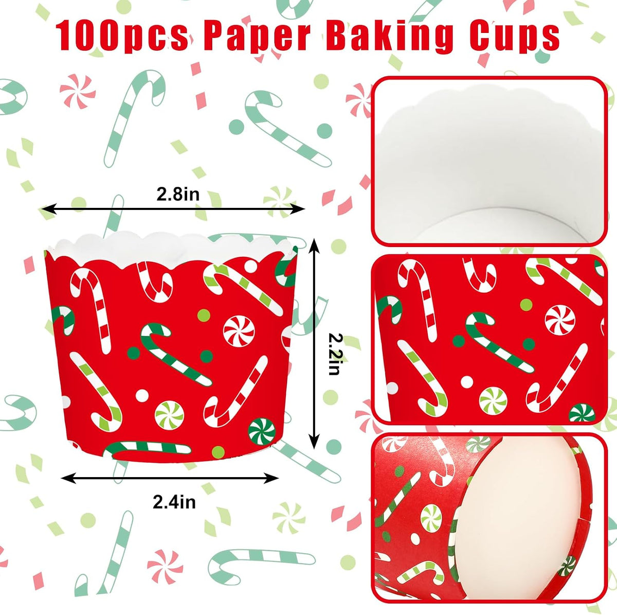 Whaline 100Pcs Christmas Paper Baking Cups Red Green Candy Cane Cupcake Wrappers Scalloped Edge Cupcake Muffin Cases for Xmas Winter Holiday Party Dessert Decoration