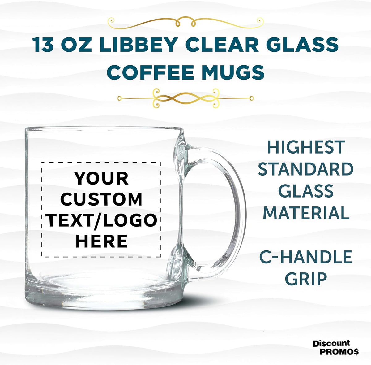 DISCOUNT PROMOS Custom Clear Glass Coffee Mugs 13 oz. Set of 10/50/100, Personalized Bulk Pack - Perfect for Coffee, Tea, Espresso, Hot Cocoa, Other Beverages - Clear Bottom