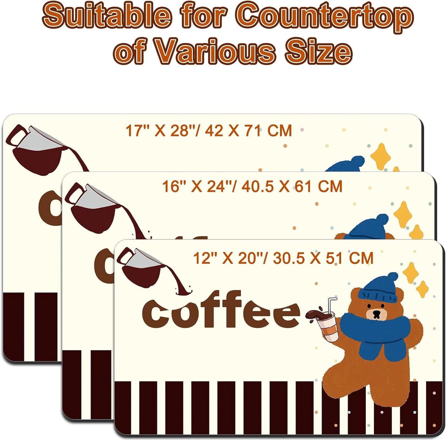 Coffee Bar Mat for Espresso Machine, 12" X 20" Dish Drying Mat for Kitchen Counter, Quick Dry Waterproof and Stain-Resistant Countertop Protector for Coffee Maker, Cups &amp; Dishes, Bear Coffee