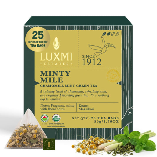 Luxmi Estates Minty Mile Organic Chamomile Mint Green Tea (25 Tea Bags) Low Caffeine Tea Bags For Relaxing