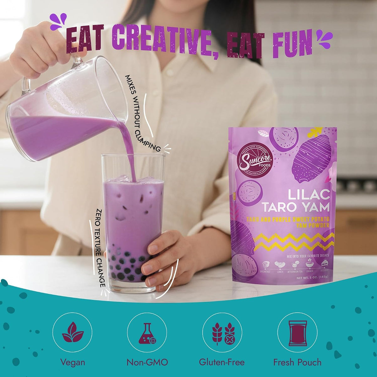 Suncore Foods Lilac Taro Yam Powder 5oz (Purple Sweet Potato) | Gluten Free | Natural Purple Food Coloring, For Baking, Frosting, Desserts, Smoothies, Milk Tea, Boba, Non-GMO, Vegan, Resealable Pouch