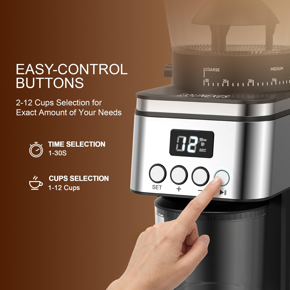 Rounexes Conical Burr Coffee Grinder Electric,Stainless Steel Coffee Grinder for Home, Adjustable Burr Grinder with 30 Grind