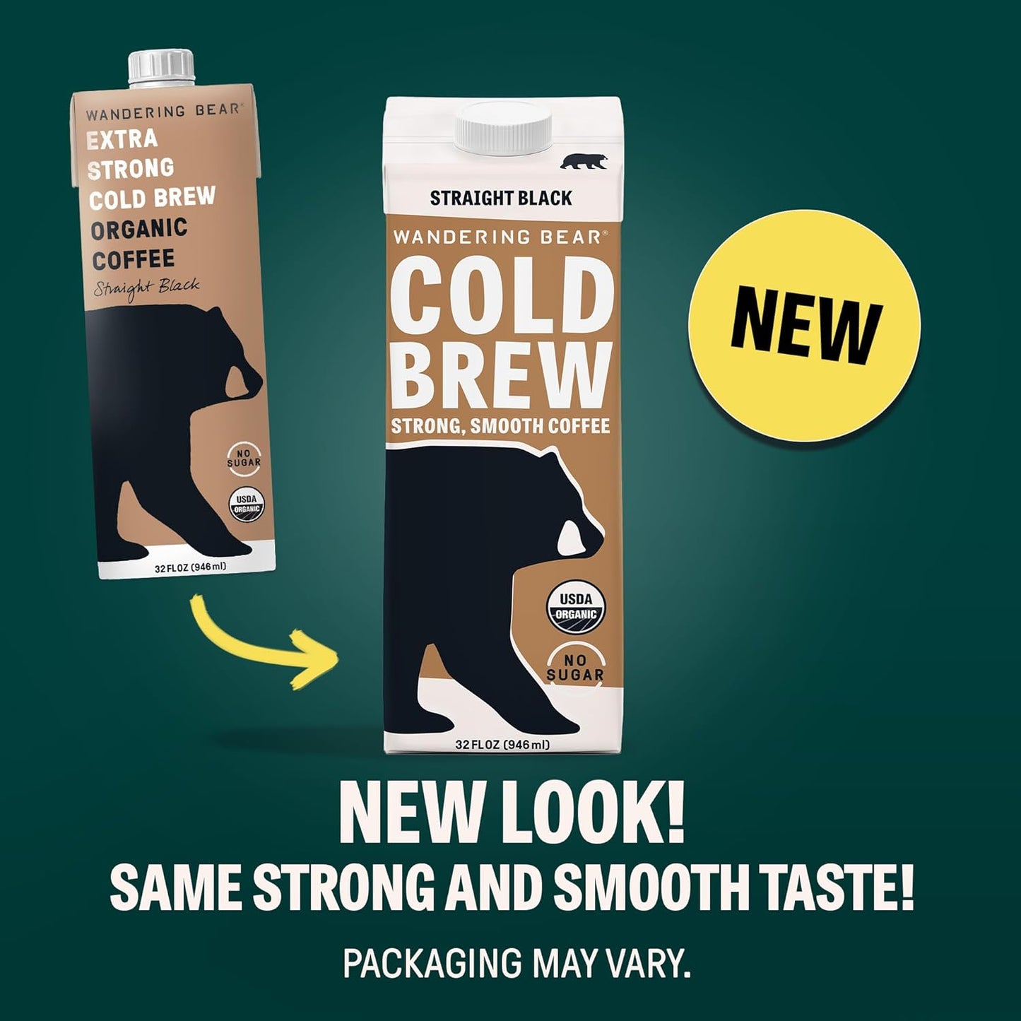 Wandering Bear Extra Strong Organic Cold Brew Coffee, Straight Black, 32 fl oz, 1 pack - Smooth, Organic, Unsweetened, Shelf-Stable, and Ready to Drink Cold Brew