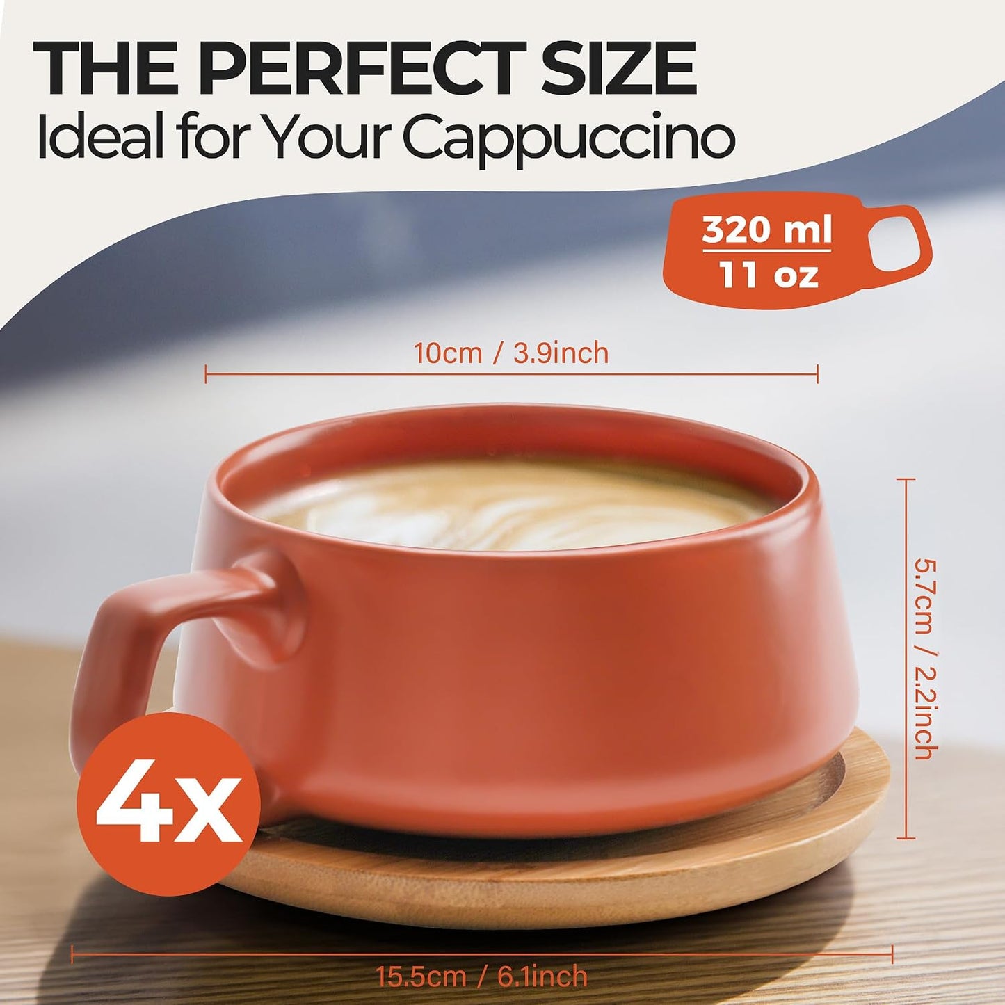 MIAMIO - Cappuccino Cup Set of 4, Ceramic (9.5oz) - Luxe (Beige Pastel) | Ceramic cappuccino cups and saucers, wide latte cups and mugs for Americano, 4-piece set of ceramic cups - dishwasher safe