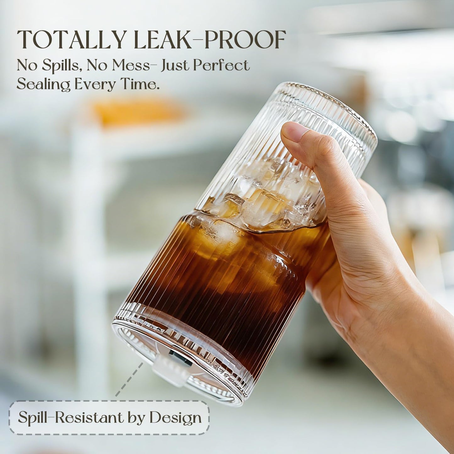 KEMORELA 20oz Ribbed Glass Tumblers with Lids and Straws,Iced Coffee Cups | Reusable thick-wall glass, Leak-Proof Lids, Fits Most Car Cup Holders, For Iced Coffee and Cold Drinks, With Cleaning Brush