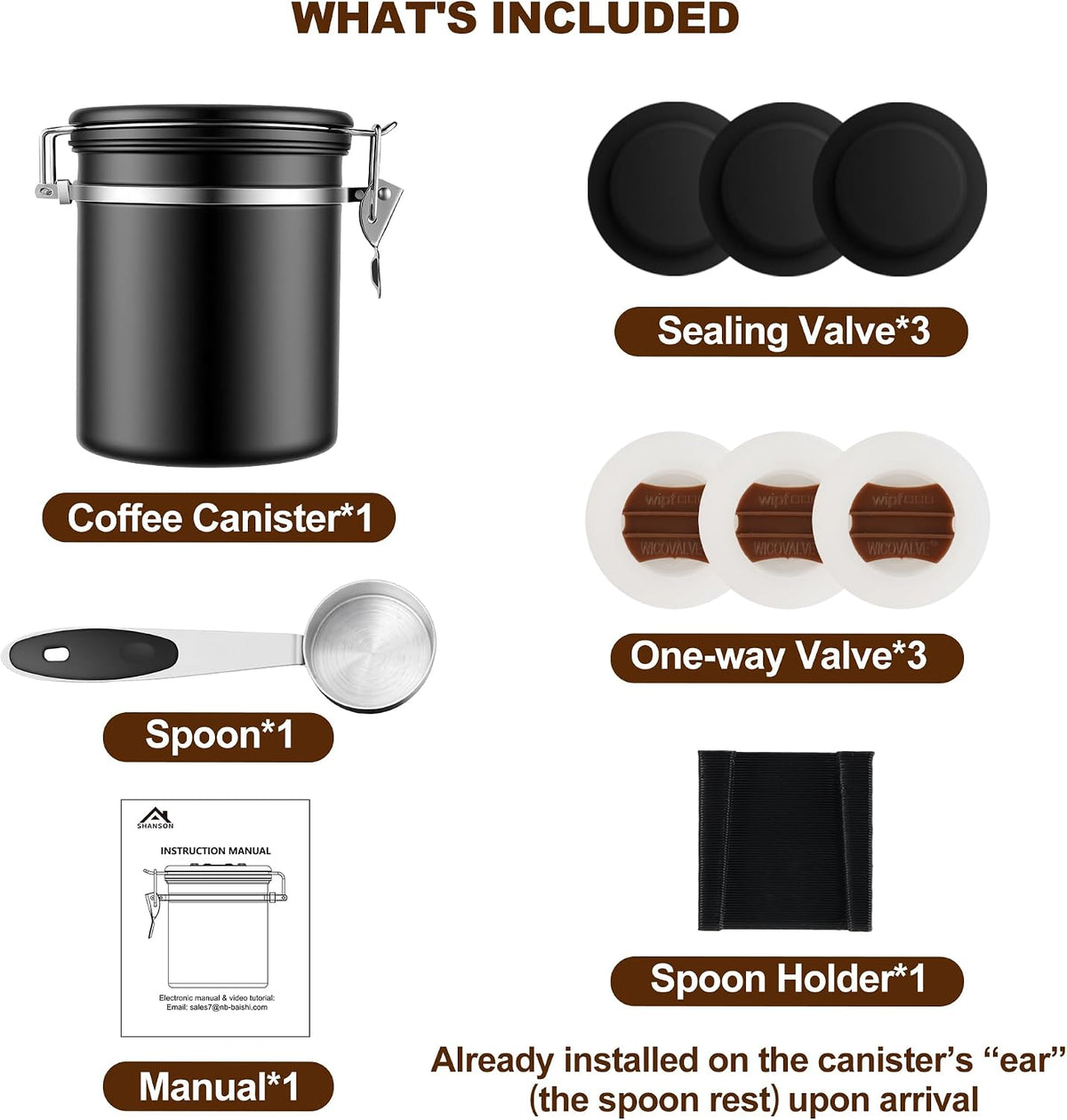ShanSon Coffee Canister Airtight, Stainless Steel Bean Storage Container with Date Tracker &amp; Scoop, Grounds Sugar Flour Tea Cereal Fits Kitchen Pantry, Ideal Gift for Coffee Lovers,16oz, Black