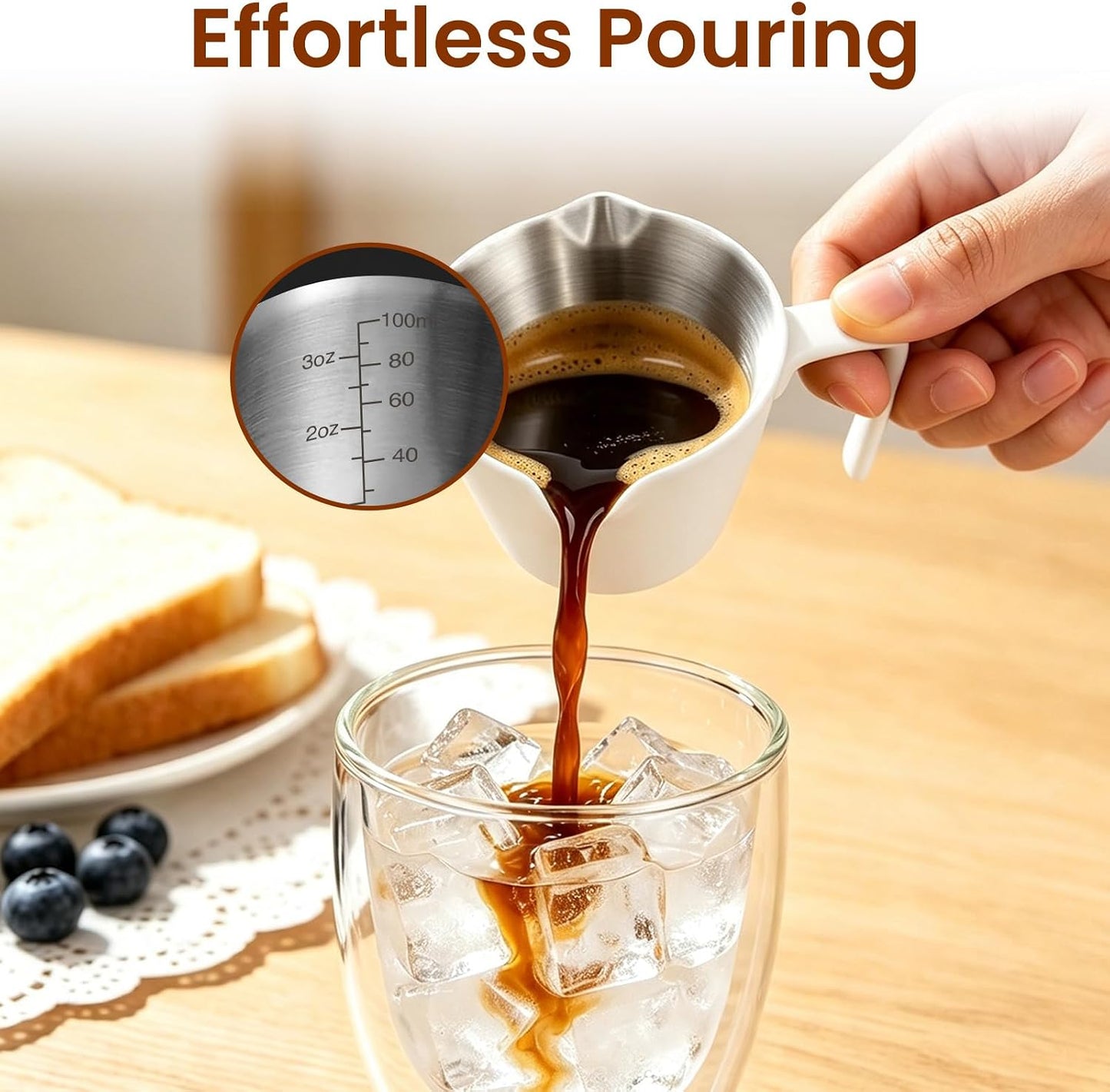 1 Pc Stainless Steel Espresso Shot Cup with Dual Scale, 3.4oz/100ml, White | Double Spout Measuring Cup with Handle, V-Shaped Mouth, Ideal for Espresso Brewing and Coffee Making