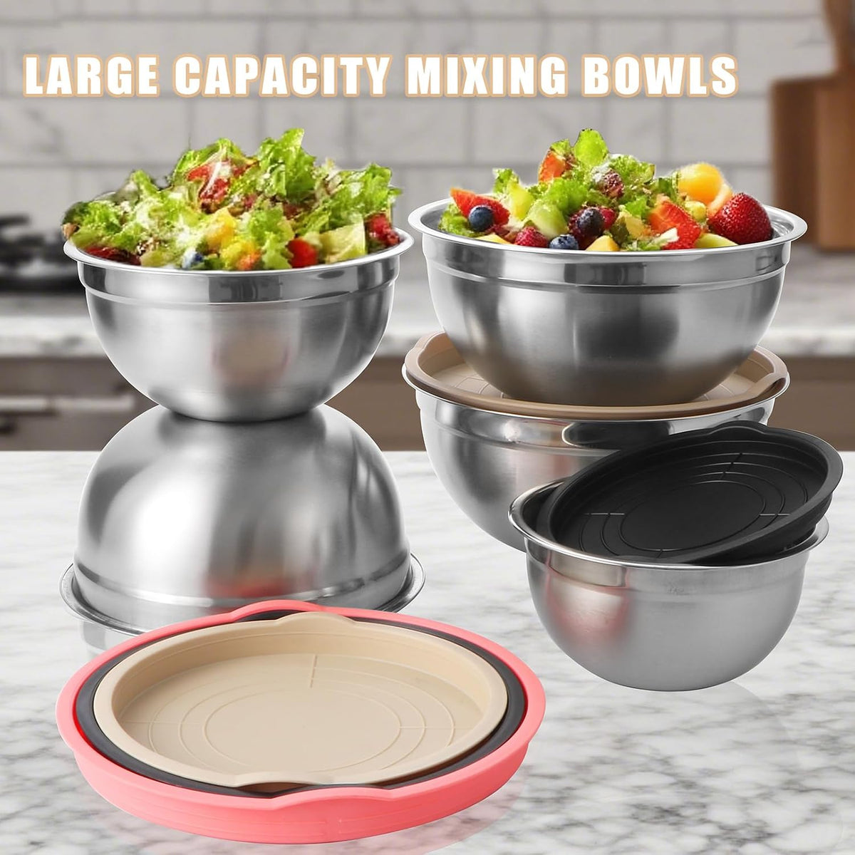 Lazycorner Mixing Bowls with Airtight Lids Set 5 Pcs Stainless Steel Bowls Set Baking Set Non-Slip Silicone Bottoms Great for Serving &amp; Baking
