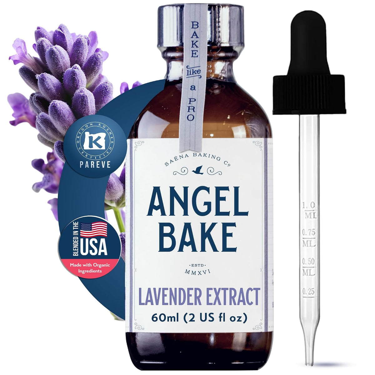 Angel Bake Pure Bulgarian Lavender Extract, 2 oz | Water soluble, food safe culinary flavoring for baking, coffee, cocktails and candy; vegan, gluten free