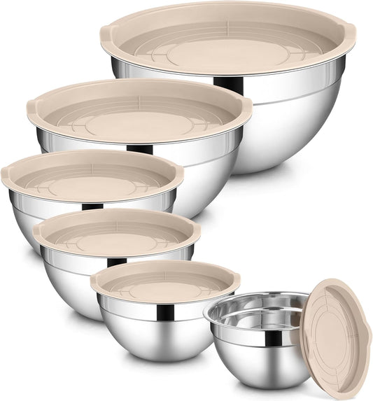 LIANYU Mixing Bowls with Airtight Lids Set, 6 Piece Stainless Steel Metal Kitchen Nesting Bowl, Size 7, 3.5, 2.5, 2, 1.5,