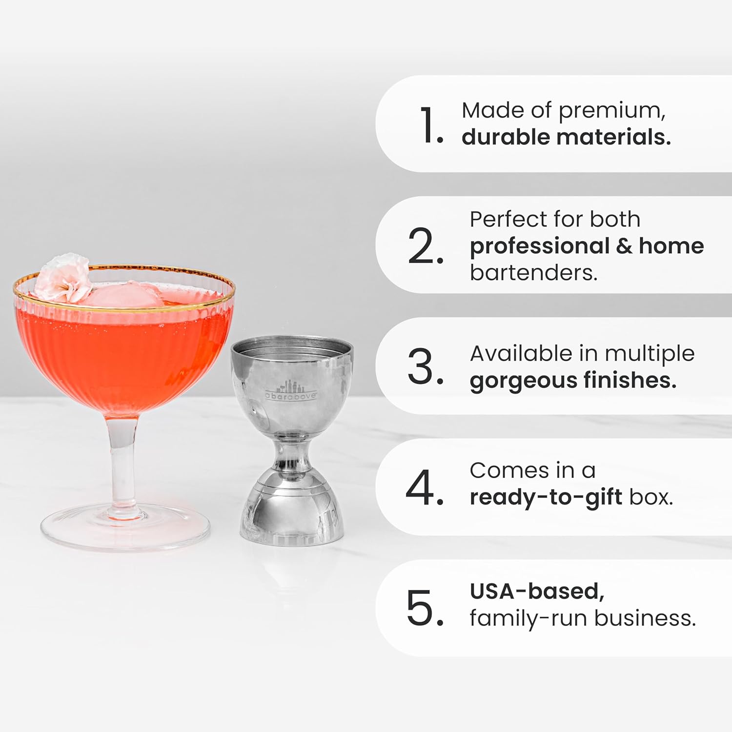 A Bar Above Premium Bell Jigger, 304 Stainless Steel Double Cocktail Jigger with 10 Internal Measurements, Heavy Duty