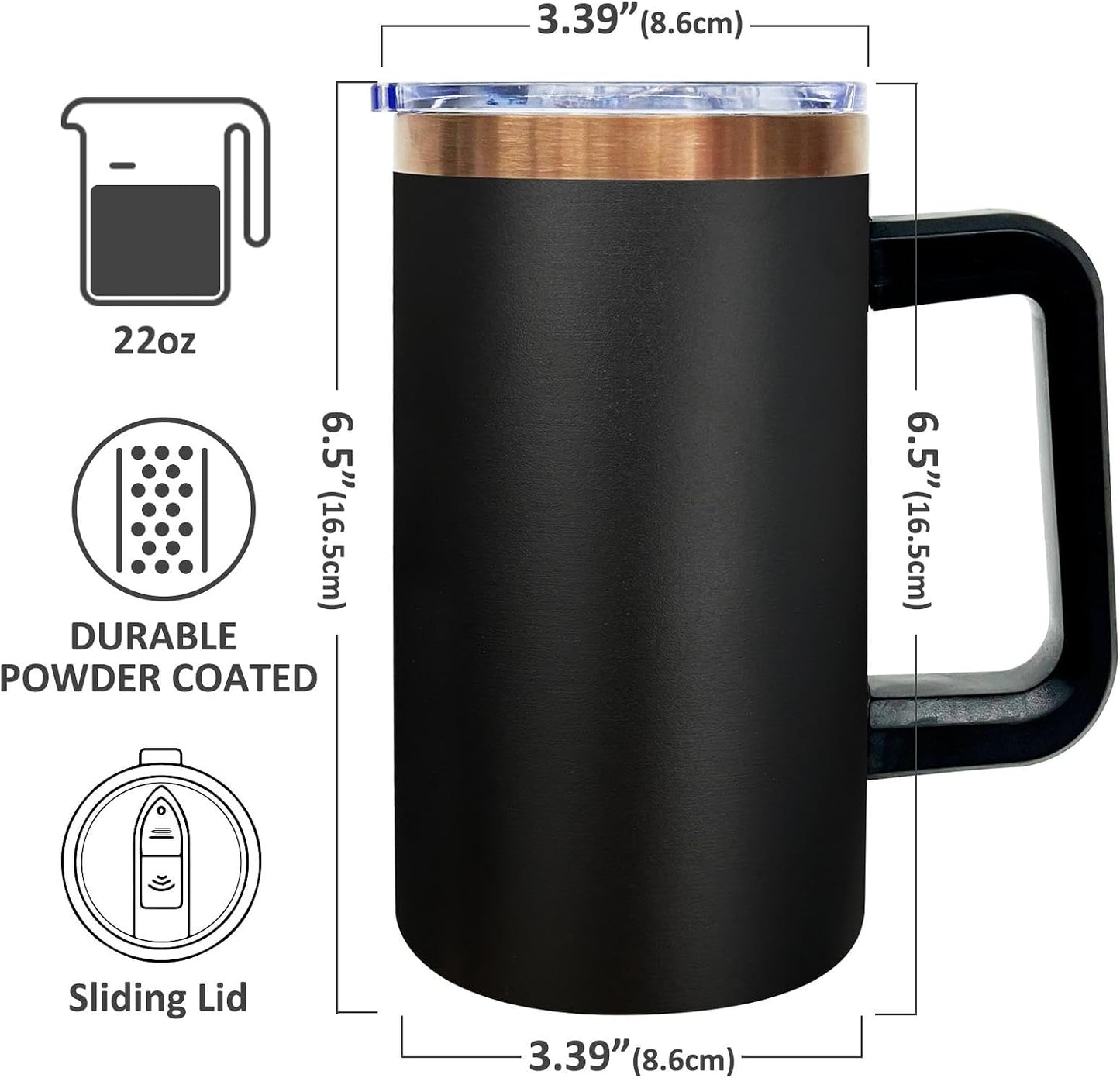 22oz Insulated Coffee Mug Bulk with Handle and Lid Black,4pack | Stainless Steel Coffee Travel Mugs, Double Wall Vacuum Tumbler, Keep Hot &amp; Cold, Leakproof, Powder Coated, Camping, Office