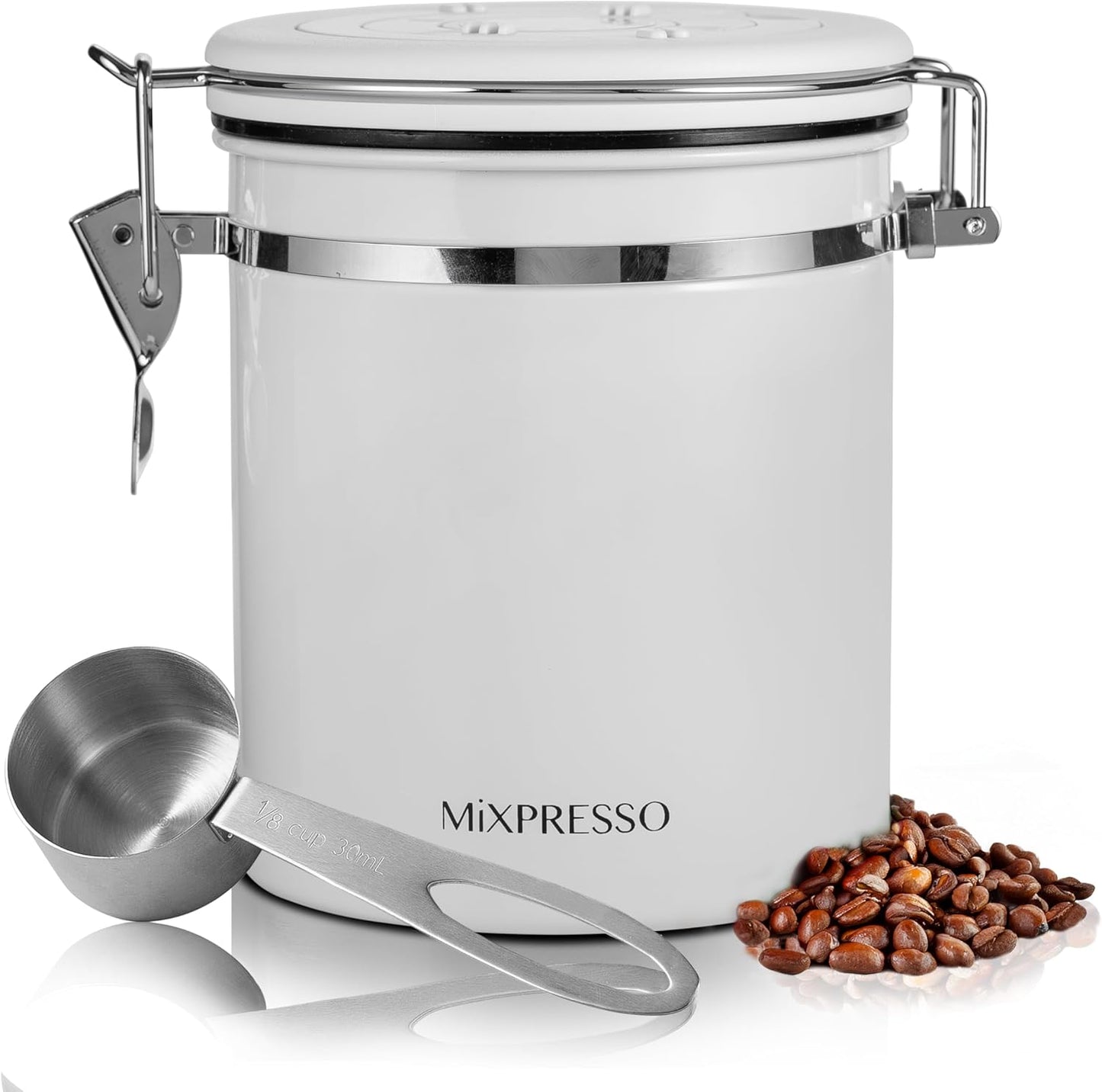Mixpresso 16 Oz White Coffee Canister, Stainless Steel Airtight Coffee Container, Air tight Jar Tea 