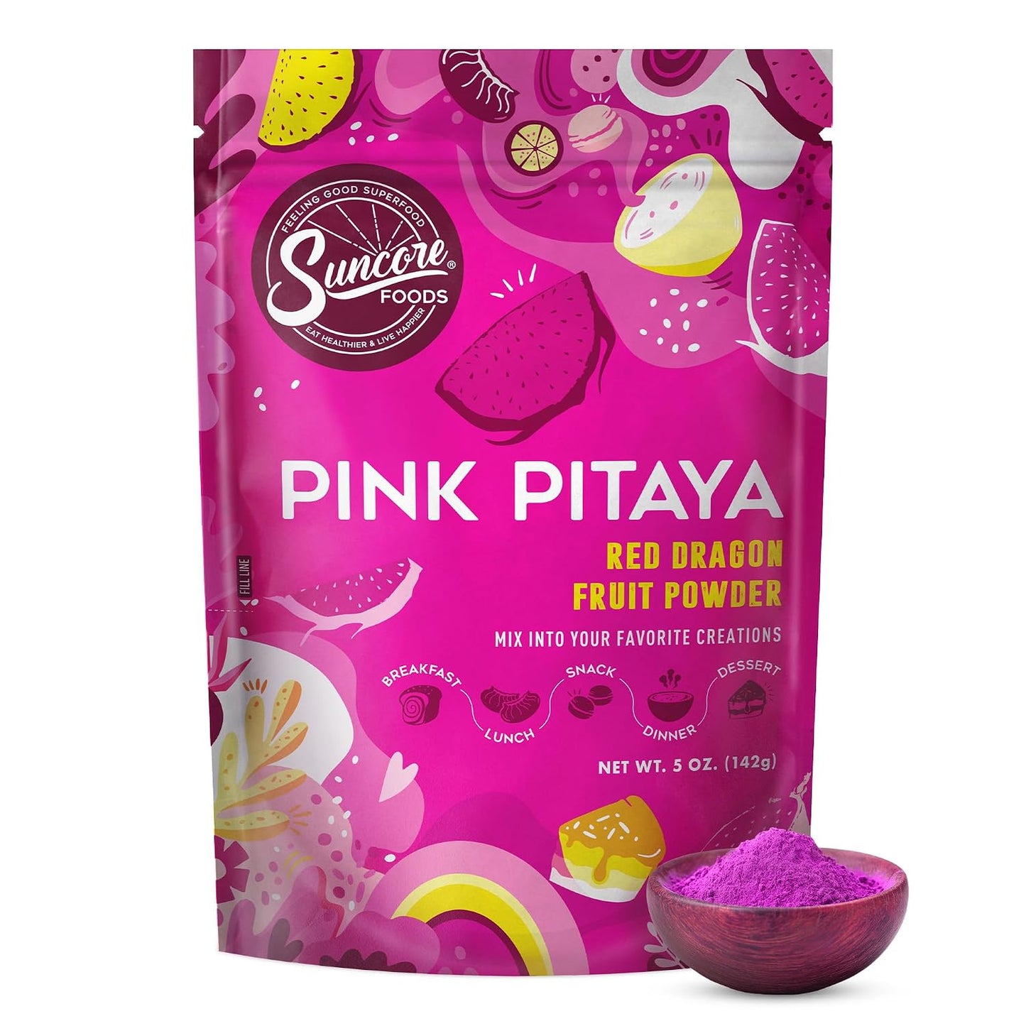 Suncore Foods Pink Pitaya Powder 5oz (Dragon Fruit) | Gluten Free | Vegan | Natural Pink Food Coloring, For Baking, Frosting, Desserts, Smoothies, Red Dragon Fruit Syrup, Non-GMO, Resealable Pouch