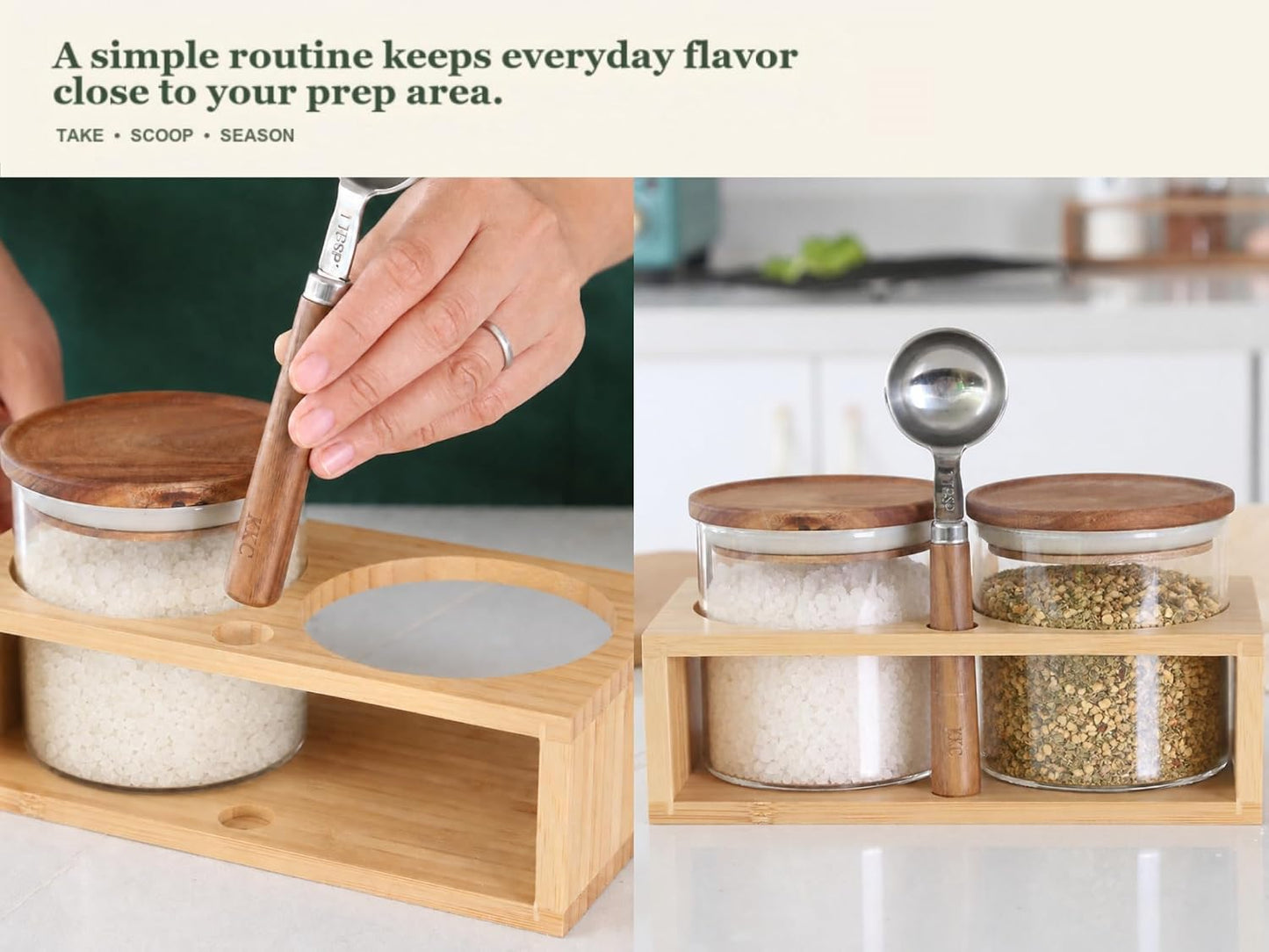 KKC HOME ACCENTS 18 oz Glass Seasoning Jars with Wood Lids, 2 Pack | Two wide-mouth glass jars, wood lids, bamboo holder and 1 tbsp scoop for kosher salt, spices and everyday seasoning.