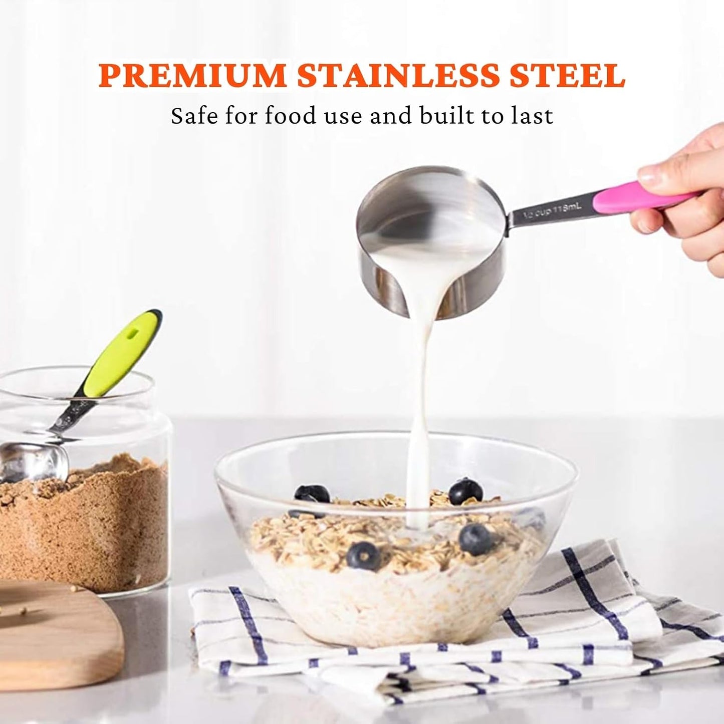 16PCS Stainless Steel Measuring Cups &amp; Spoons Set, Nesting Cups with Silicone Handles, 5 Metal Measuring Cups, 6 Round Spoons and 5 Mini Spoons for Cooking &amp; Baking