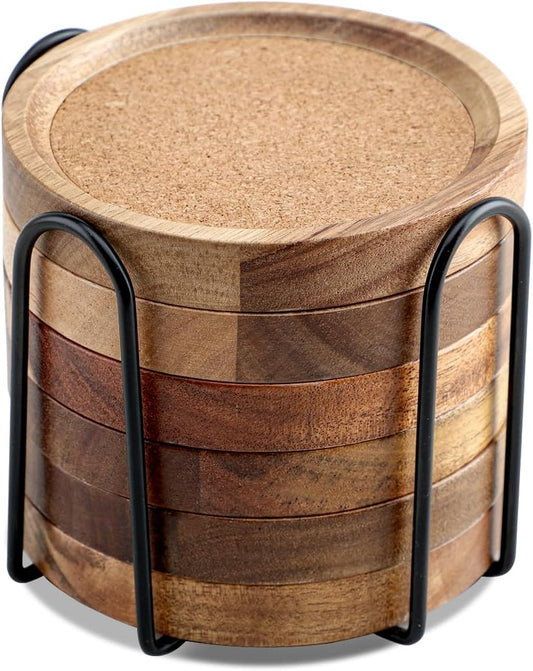 Coasters for Drinks Absorbent with Holder, Acacia Wood Cork Coaster for Coffee Table Wooden Table Coaster for Farmhouse Desk