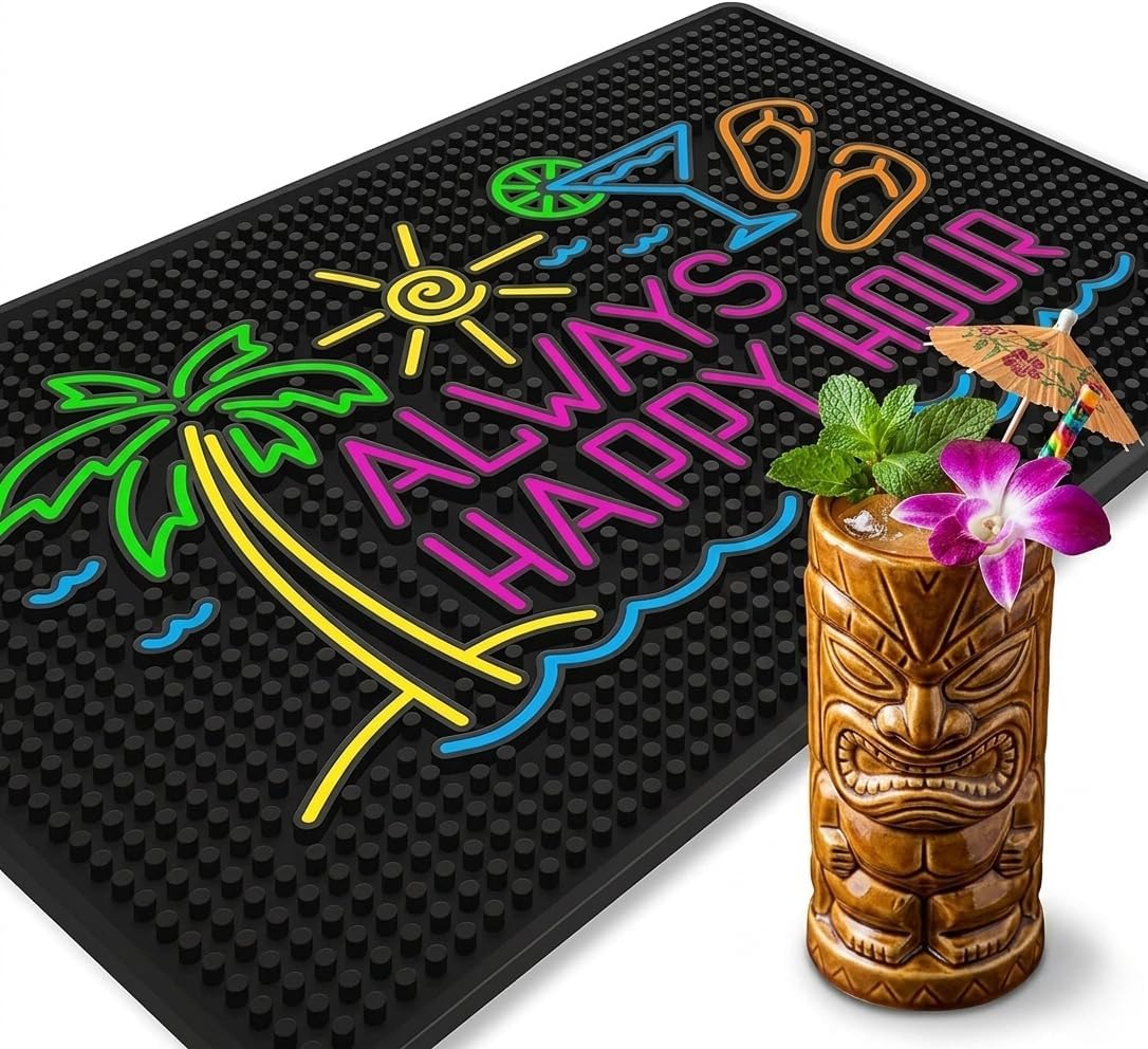Always Happy Hour Bar Mat - Tiki 18"x12" Rubber Bar Mat for Home Bar, Outdoor Bar, Wet Bar &amp; Countertop, Non-Slip Tropical Spill Mat for Pool, Patio &amp; Tiki Lounge