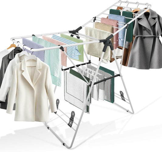 Clothes Drying Rack Foldable, Metal Laundry Drying Rack, with Height-Adjustable Wings, Space Saving, Indoor Outdoor Use,