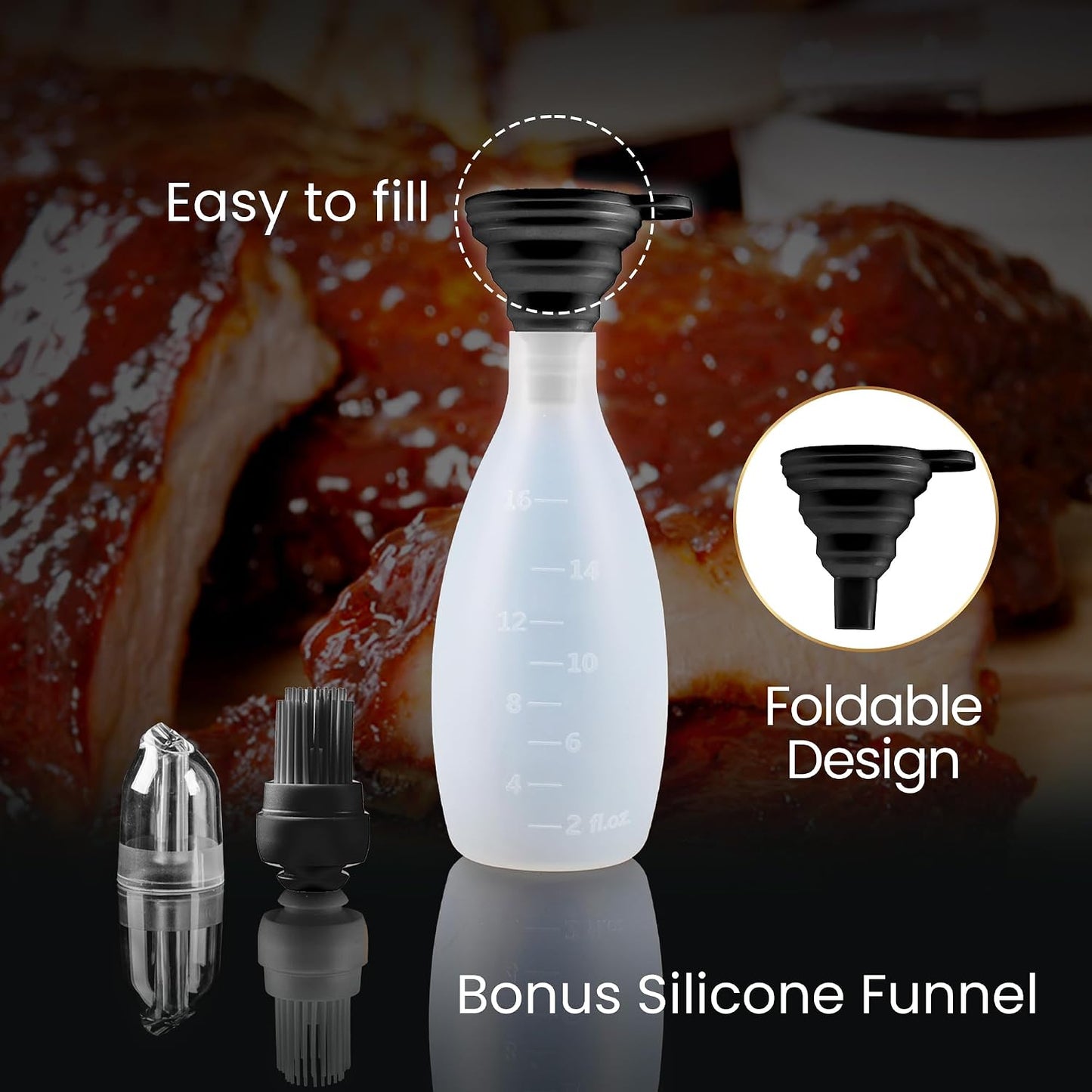 Gourmet Easy BBQ Sauce Bottle with Silicone Basting Brush, BPA-Free (Black) | Heat Resistant for Safe Grilling, 16OZ Big Capacity, Dishwasher Safe, Ideal for BBQ, Baking &amp; Roasting, 2-Year Warranty