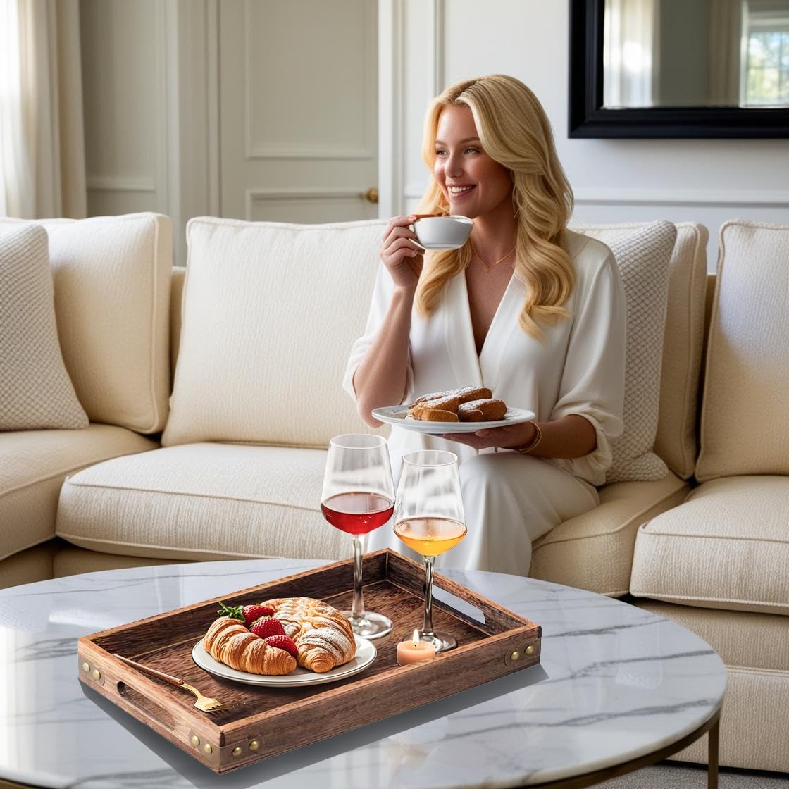Wood Serving Tray with Handles for Breakfast in Bed, Coffee Table | 15.8 x 11 Inches Rectangular Pine Wood Decorative Tray, Ottoman Decorative Trays Platter for Living Room, Bar, Party