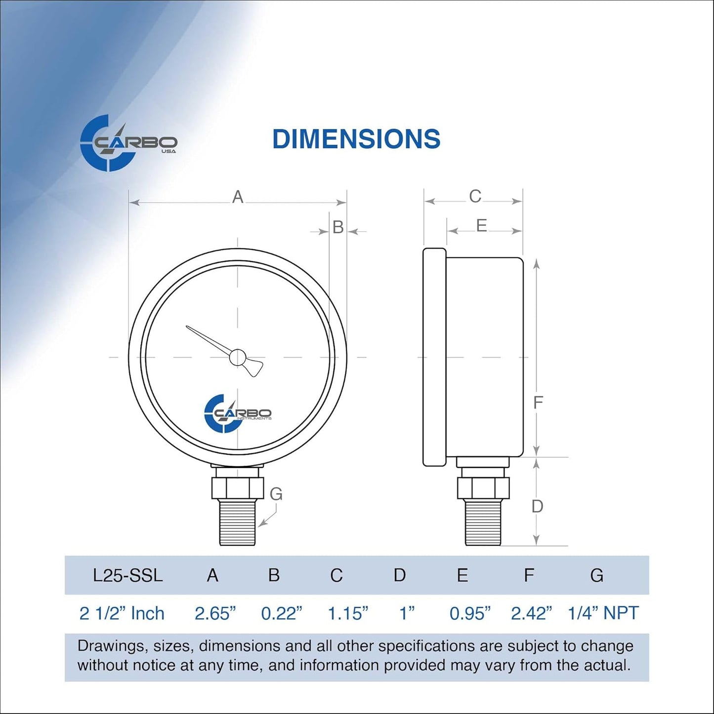Compound Pressure Gauge -30 inHg to 160 PSI, Liquid Filled, 2.5" Dial, 1/4 NPT Lower Mount, 304 Stainless Steel Case, Brass Wetted Parts, Dual Scale PSI/inHg - ASME B40.1 Grade A