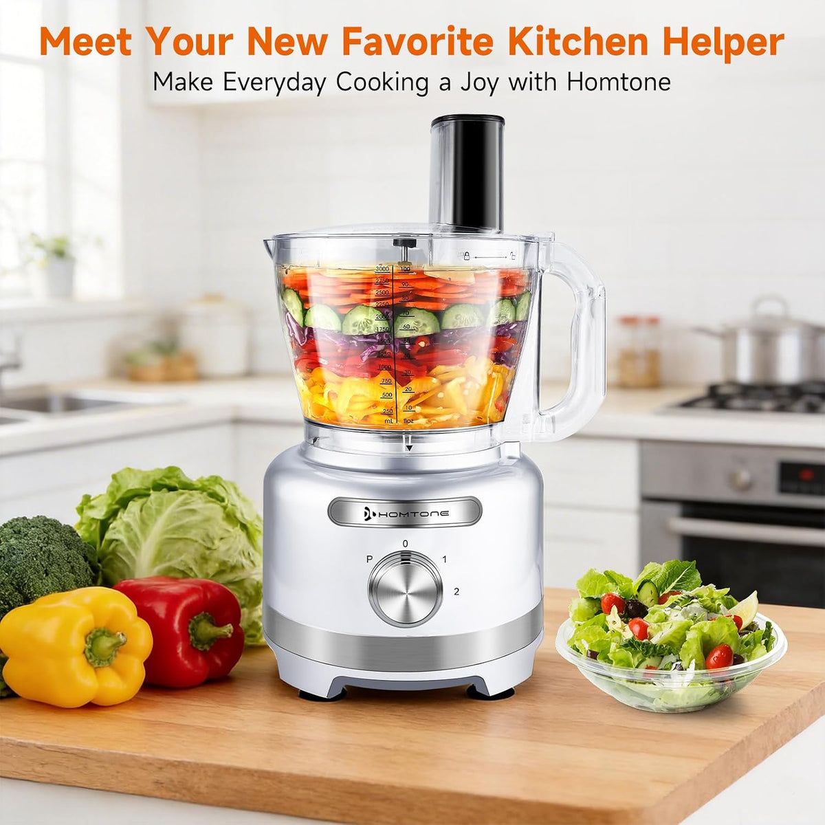 Homtone 16 Cup Food Processor, 6 Preset Modes& Stepless Speed Control for Dough Kneading, Meat Chopping, Slicing, Shredding, French Fries Potato Cuting, Cheese Grating& Whipping Cream, 650W, Red