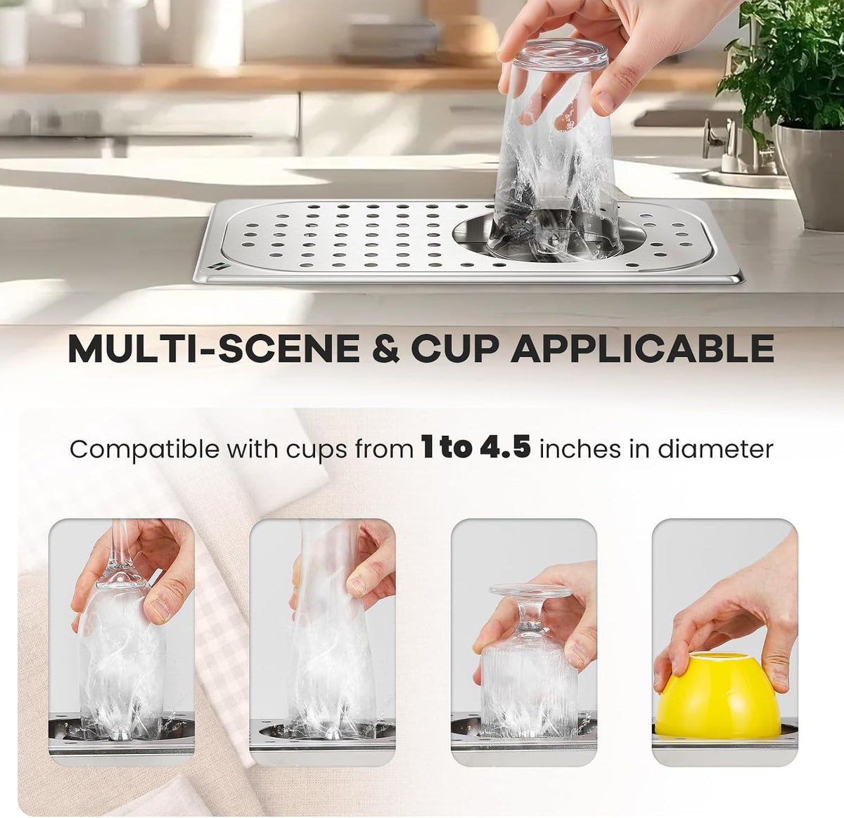 Huanyu Pitcher Rinser, 360° Rotating Nozzle, Drip Tray 12.78×6.97×1.58 in | 304 Stainless Steel, 5-Hole High Pressure, Fast Drain, Removable Tray, Auto Press, Full Kit, for Coffee Bar &amp; Home Kitchen