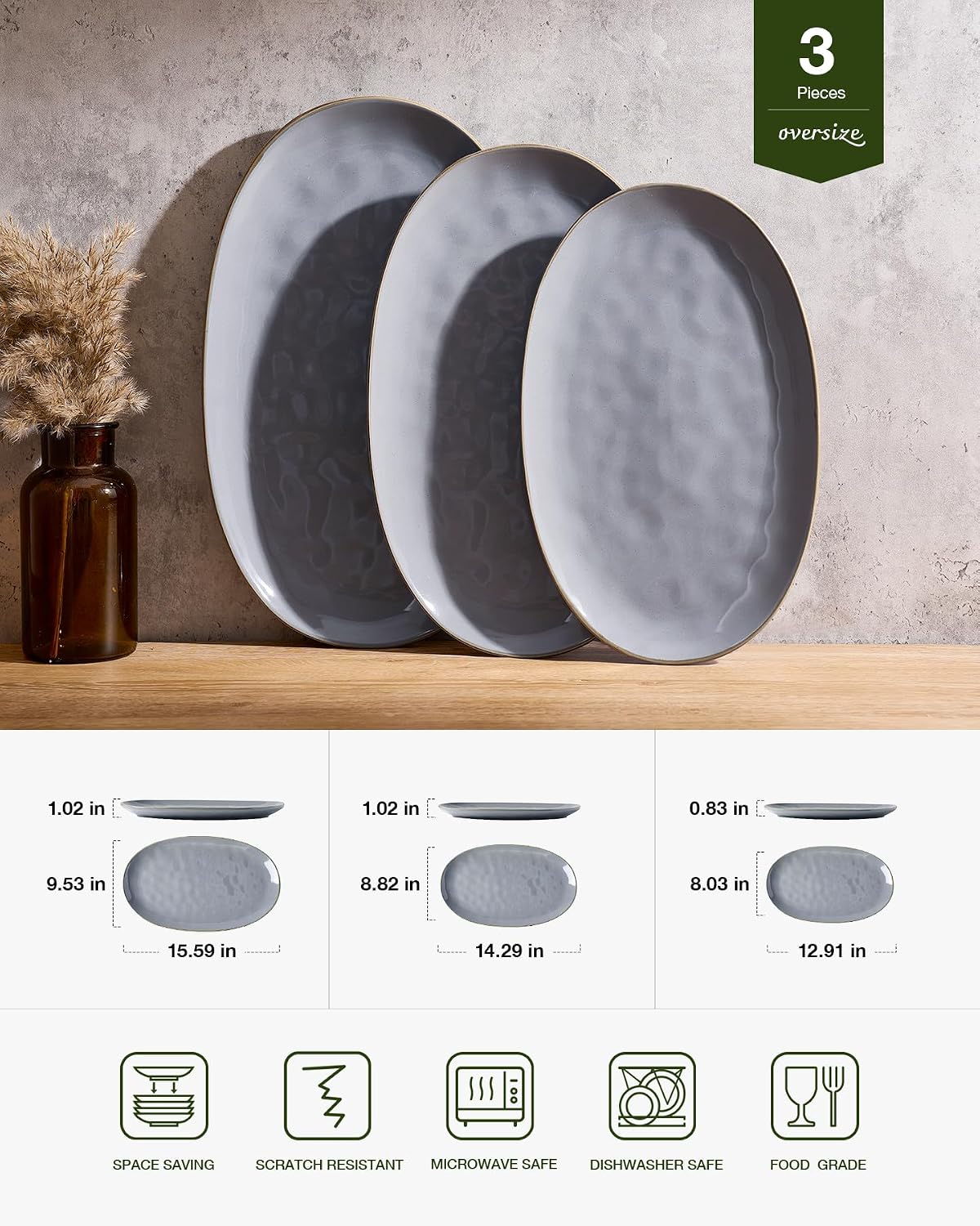 famiware Serving Platters Set of 3 Sizes - Oval, Dark Grey | 15.59"/14.3"/12.9" Fine Stoneware Serving Trays for Party, Entertaining for Food, Turkey, Cheese, Microwave Dishwasher Safe