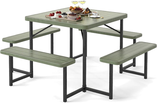 Giantex Picnic Table Bench Set for 4-8 People, 34" Outdoor Square Dining Table & 2 Benches w/Umbrella Hole, HDPE Tableto