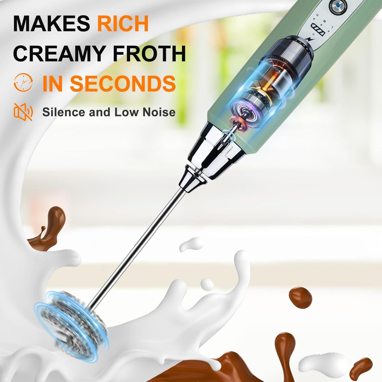 YUSWKO Granite Rechargeable Milk Frother for Coffee with Stand, Handheld Drink Mixer with 3 Heads 3 Speeds Electric Stirrers