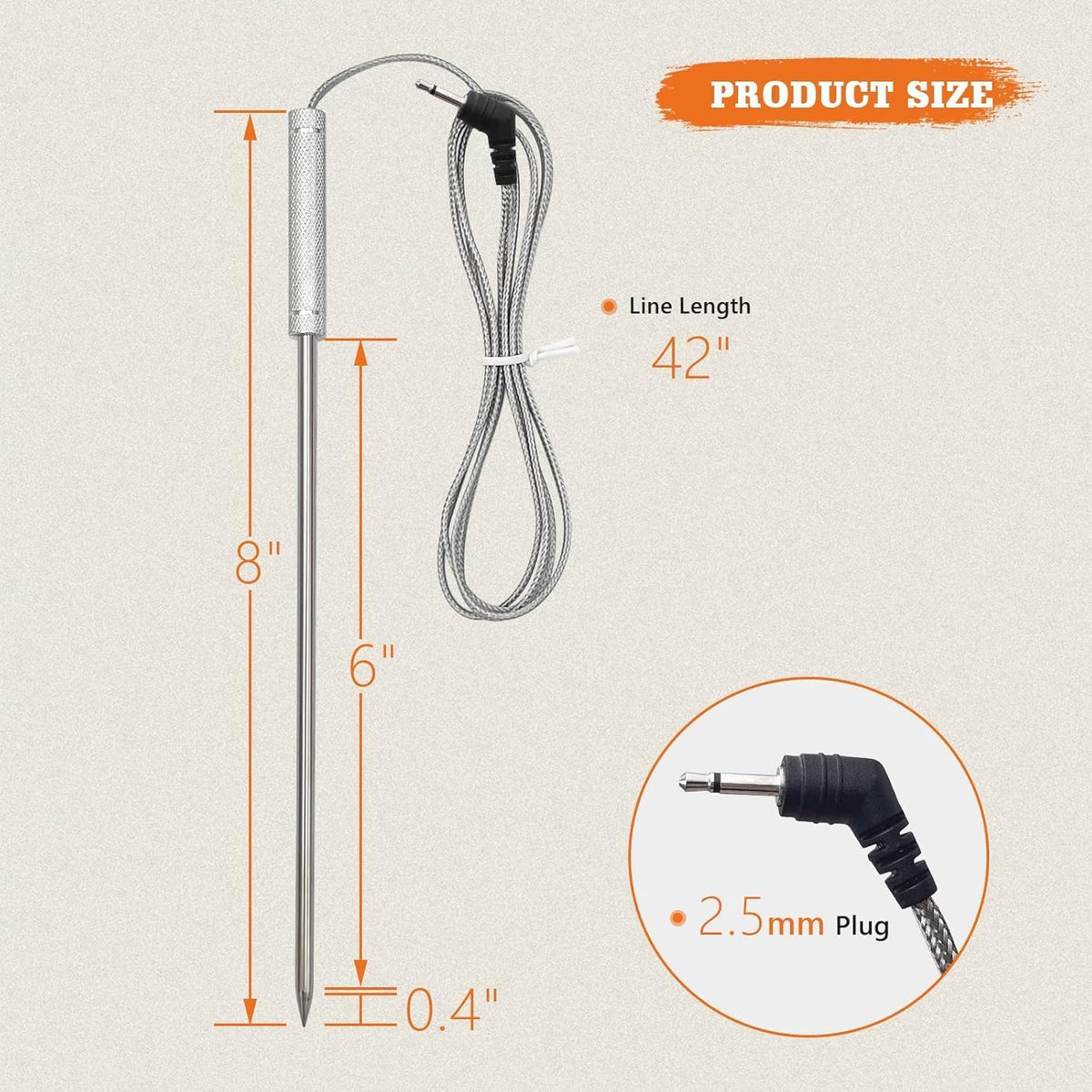 Meat Probe Replacement for Thermopro Thermometer TP04 TP06 etc, 2.5mm Plug | With 2 Clips, Steel Mesh Cable, Non-Slip Grip, Temp Range 32°F-572°F, 304 Stainless Steel, Plug &amp; Play, Waterproof Probe Tip