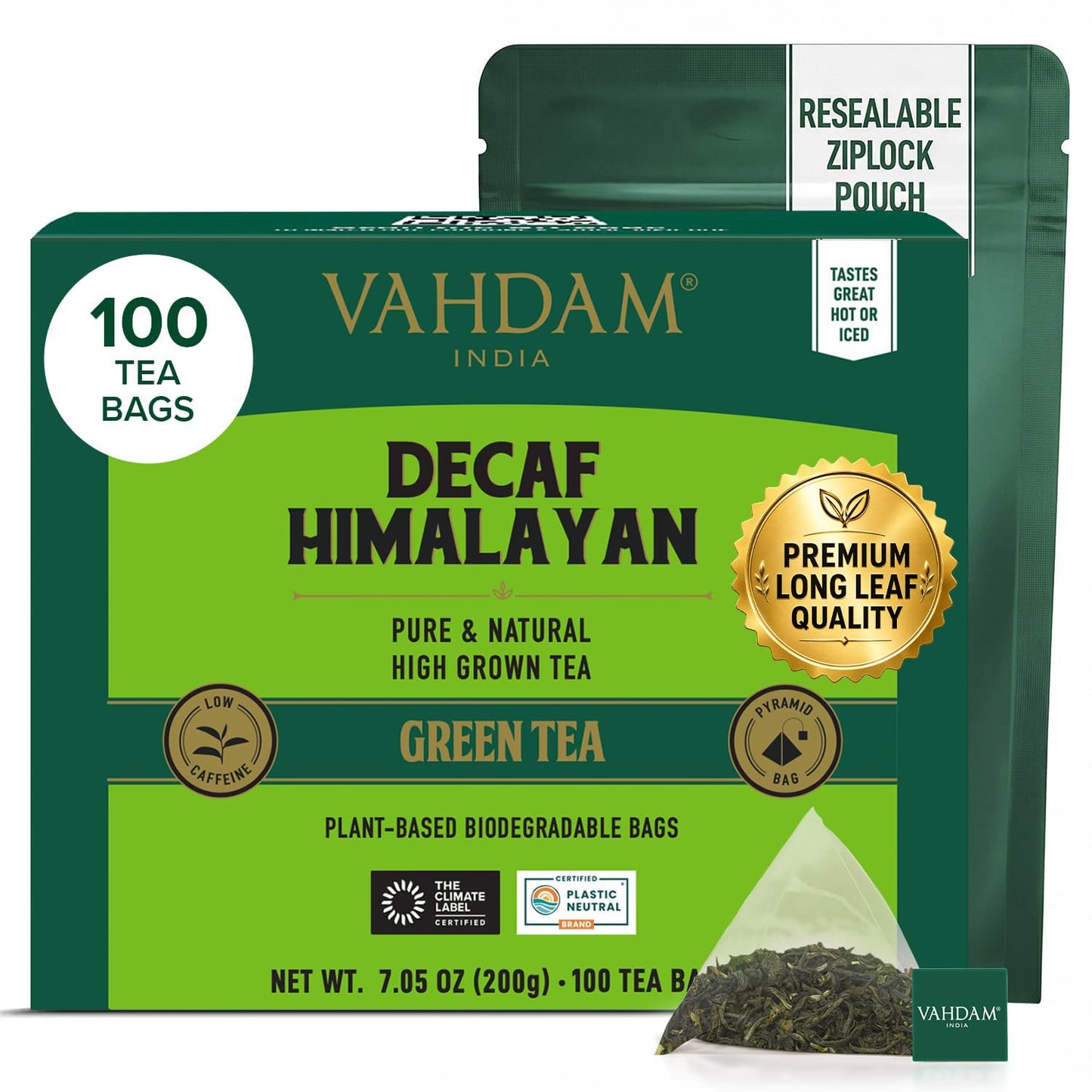 VAHDAM Decaf Green Tea Bags (100 Count) Tastes Exactly like Green Tea | High Quality. Refreshing &amp; Smooth | Non GMO | High Elevation Grown Green Tea | Pure Unblended | Resealable Ziplock Pouch