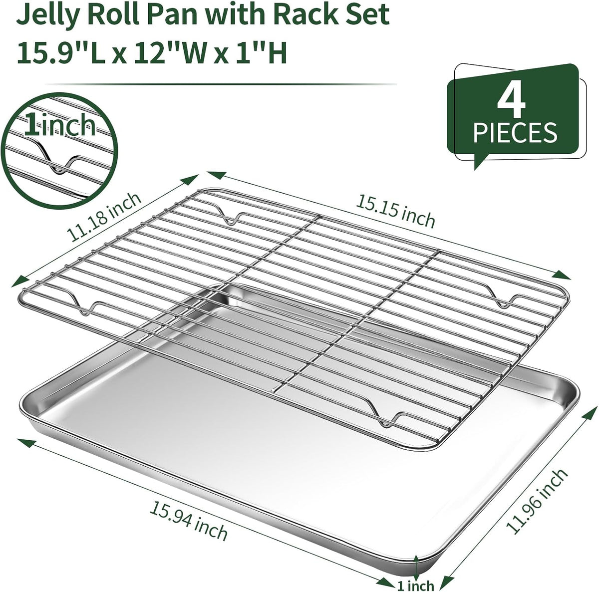 CEKEE Baking Sheet and Cooling Rack Set (2 Baking Pans + 2 Baking Racks), Stainless Steel Cookie Sheet Baking Pan Tray for Toaster Oven, Non Toxic &amp; Heavy Duty &amp; Easy Clean, Size 16 x 12 x 1 Inches
