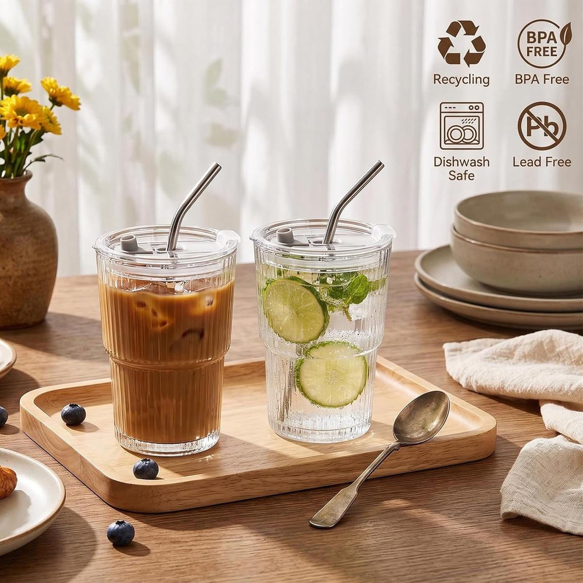 13oz Iced Coffee Cups with Lids and Straws, Thicken Glass Cups, 2 PCS | Dishwasher Safe &amp; Leak Proof Glass Tumbler for Coffee Tea Juice Matcha, Drinking Glasses Set Fits Most Car Cup Holders