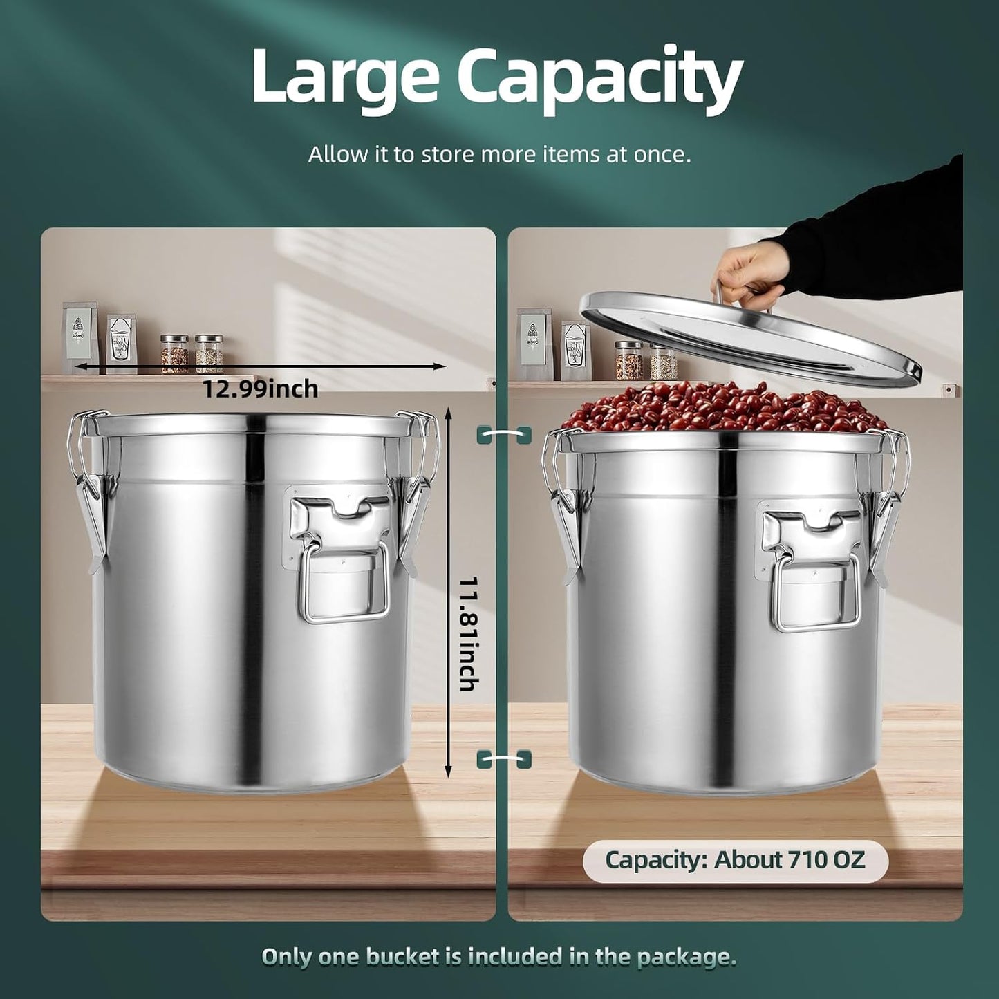 PERFERATE 304 Stainless Steel Container 21L Airtight Food Storage Container with Lids &amp; Locking Clips Stainless Steel Bucket for Kitchen, Grain, Flour, Coffee Bean, Dog Food (21L)