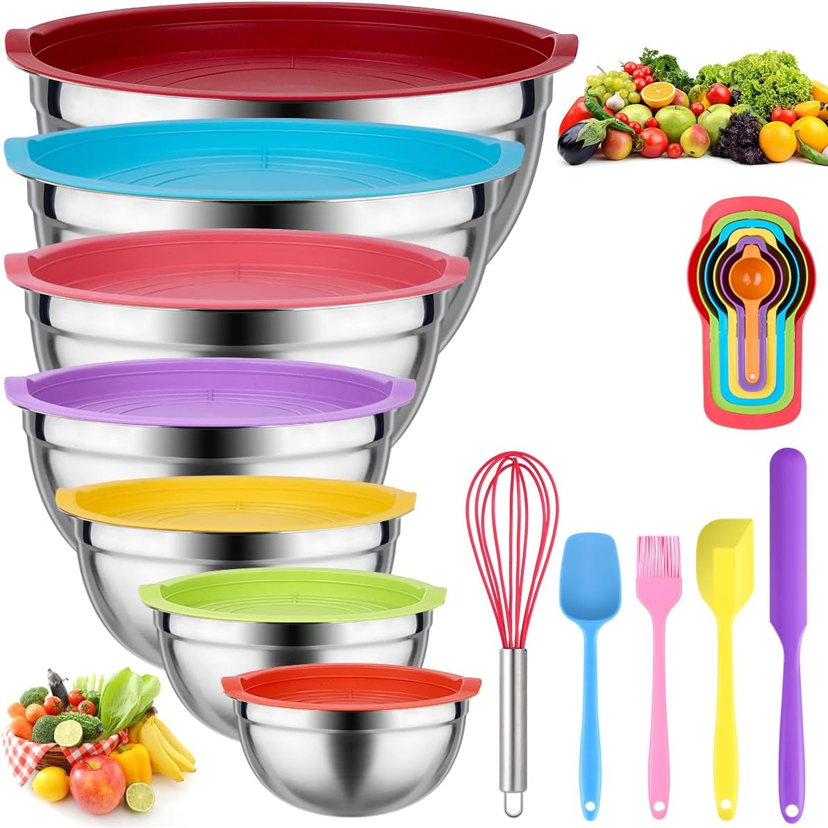 Leidawn Mixing Bowls with Lids Set, 25 PCS Colorful Mixing Bowl for Kitchen | Stainless Steel Nesting Bowls for Baking, Mixing, Serving &amp; Prepping, Size 5, 3.7, 2.8, 2.3, 1.7, 1.1, 0.7QT, 11 Utensils