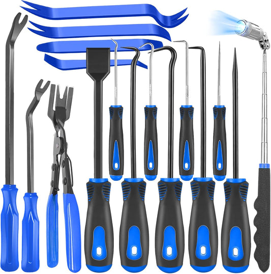 17Pcs Mechanic Hook and Pick Tool Set & Car Trim Removal Kit with Fastener Clip Pliers,Rivet Puller,Magnetic Pickup,Gasket