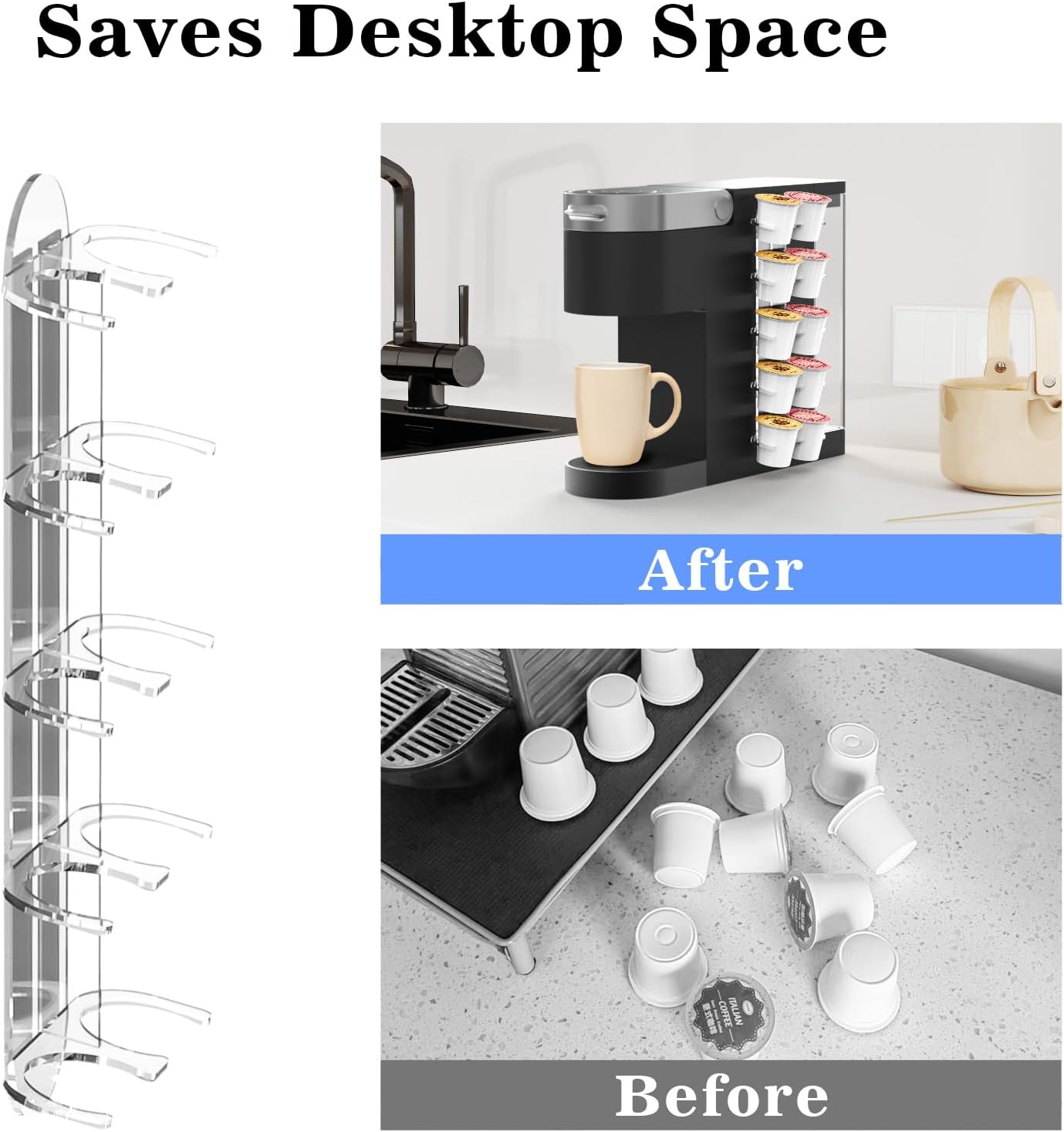 NiHome K Cup Pod Holder Acrylic Coffee Capsule Storage, Space-Saving 1 Pack | Adhesive Mount for Coffee Machine Side, Wall or Cabinet, Holds 10 Capsules Each, Clear, Easy Install, Fits Most Brewers