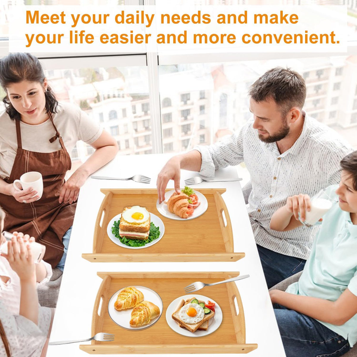 4 Pack 17.3 Inch Large Bamboo Serving Tray with Handle, Decorative Bamboo Breakfast Tray for Breakfast, Kitchen, Outdoor Picnic, Snack (17.3 x 12 x 1.2 Inch)