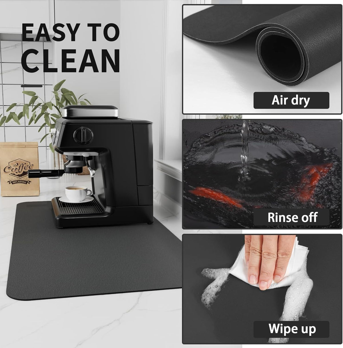 Bloss Coffee Mat, Coffee Bar Mat, Dish Drying Mat, Kitchen Counter Mat | Absorbent Hide Stain Rubber Backed Dish Drying Pad(12.2"x19.7", Black)