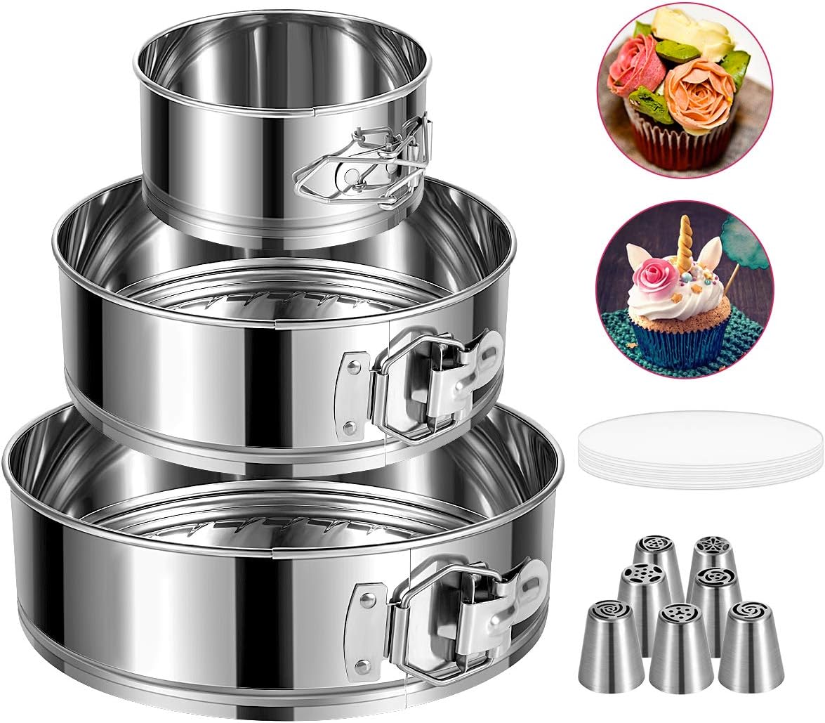 Springform Pan, Stainless Steel Springform Cake Pan, Leakproof &amp; Nonstick Cheesecake Pan, 4" 7" 9" Round Cake Molds with 50 Pcs Paper Liners and 7 Pcs Piping Tips